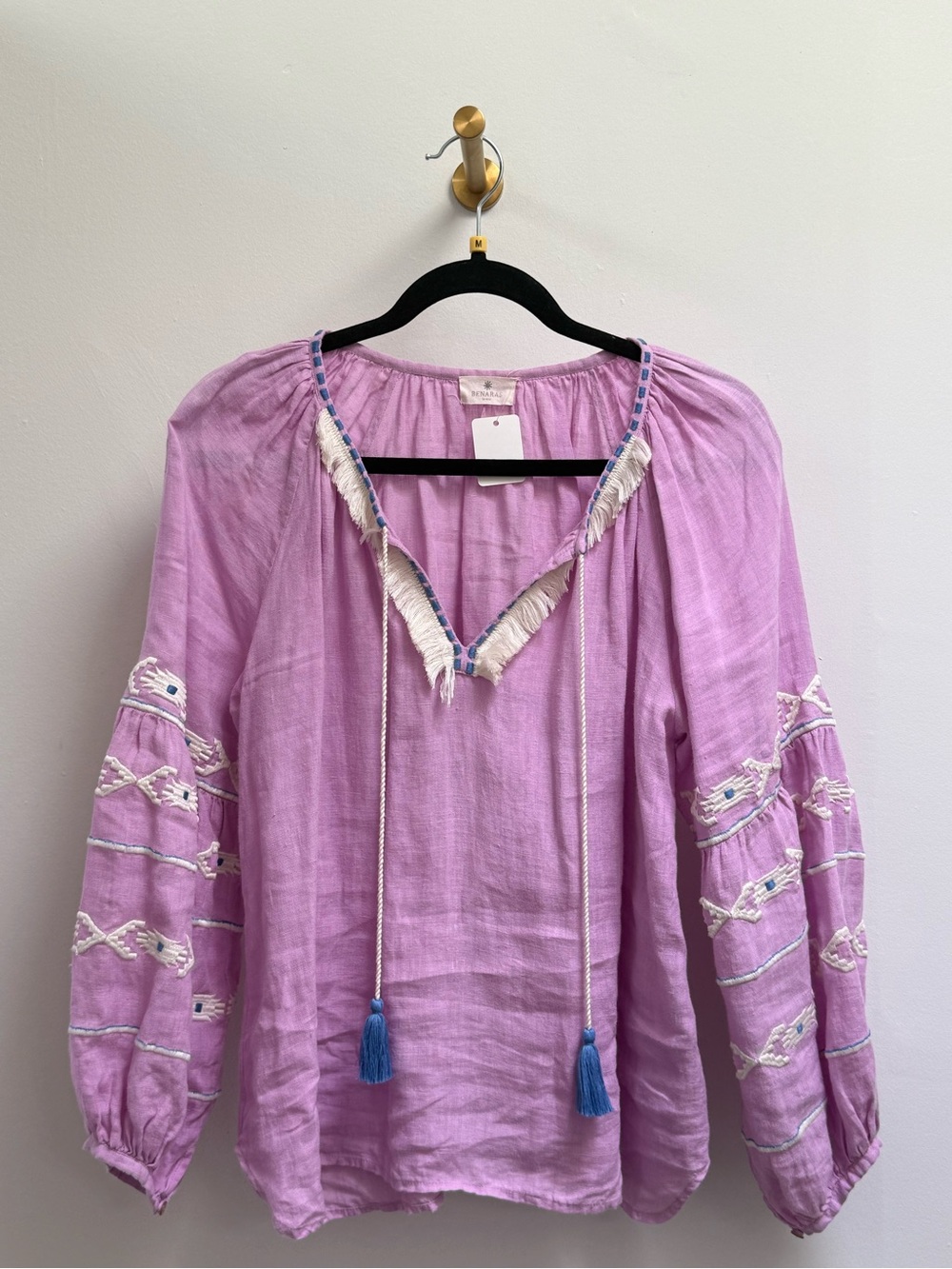 Lilac Embroidered Peasant Blouse with Tassel Ties